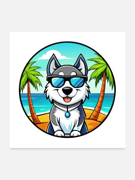 Alaskan Husky Hunderasse Cartoon Sonnenbrille Strand - Poster 60x60 cm - Weiß - Vorne