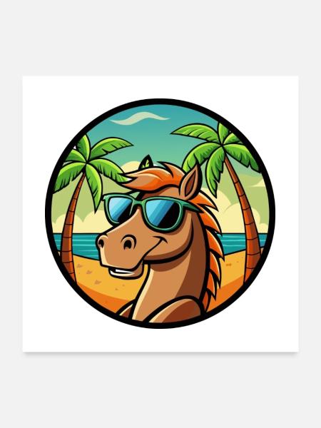 Pferd Lustig Cartoon Sommer Strand Sonnenbrille Cool - Poster 60x60 cm - Weiß - Vorne