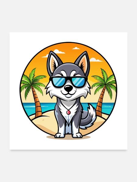 Alaskan Klee Kai Hunderasse Cartoon Sonnenbrille Strand - Poster 60x60 cm - Weiß - Vorne