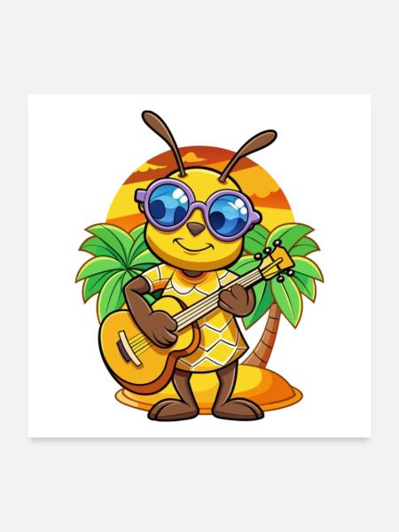 Lustige Biene Cartoon Sommer Strand Sonnenbrille Gitarre - Poster 60x60 cm - Weiß - Vorne