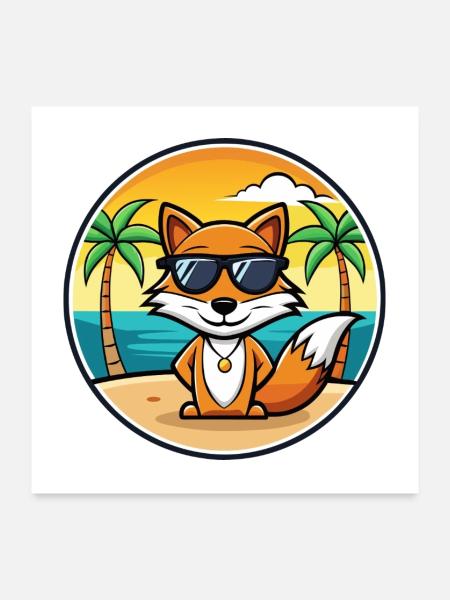 Fuchs Lustige Cartoon Sommer Strand Sonnenbrille Aufkleber - Poster 60x60 cm - Weiß - Vorne