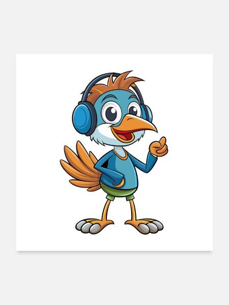 Strauß Lustige Zeichentrickfigur Kopfhörer Musik - Poster 60x60 cm - Weiß - Vorne