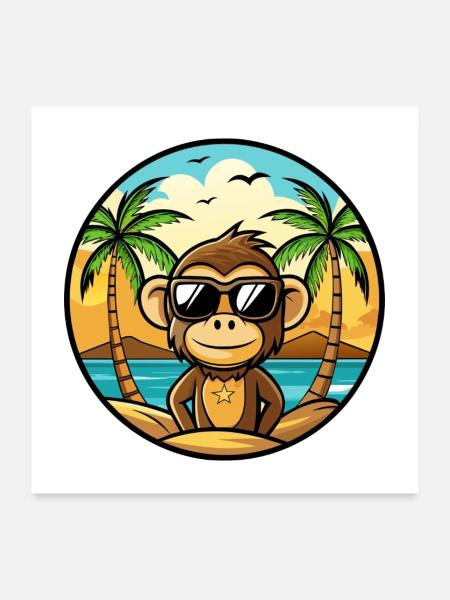 Singe Drôle Dessin Animé Plage D’été Lunettes De Soleil Cool - Poster 60 x 60 cm - blanc - Devant