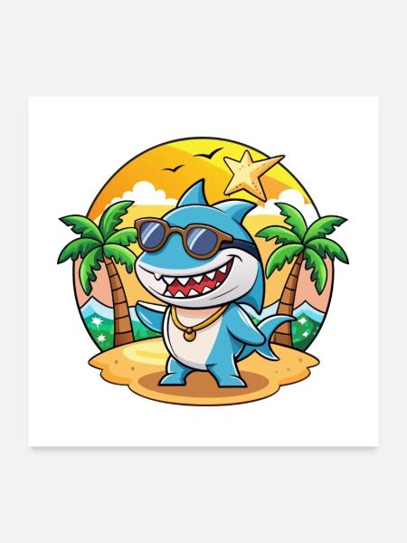 Hai Lustige Cartoon Sommer Strand Sonnenbrille - Poster 60x60 cm - Weiß - Vorne