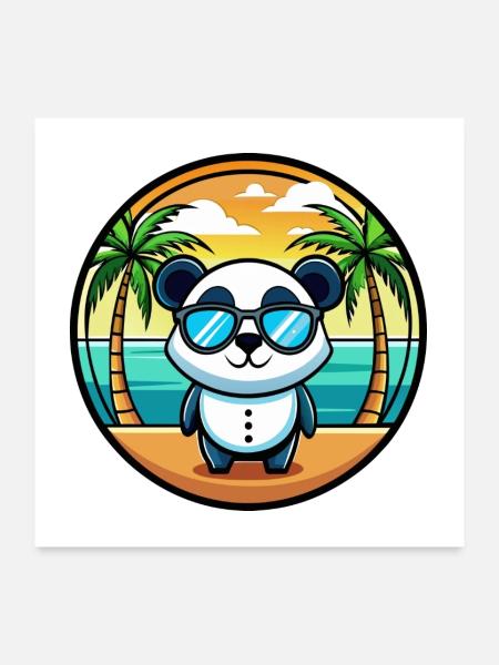 Panda Lustige Cartoon Sommer Strand Sonnenbrille Cool - Poster 60x60 cm - Weiß - Vorne