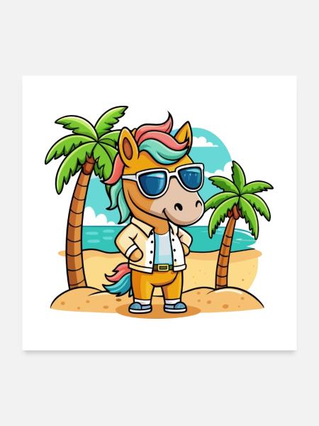 Pferd Lustige Cartoon Sommer Strand Sonnenbrille - Poster 60x60 cm - Weiß - Vorne