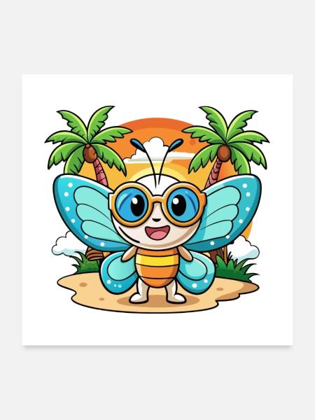 Schmetterling Lustige Cartoon Sommer Strand Sonnenbrille - Poster 60x60 cm - Weiß - Vorne