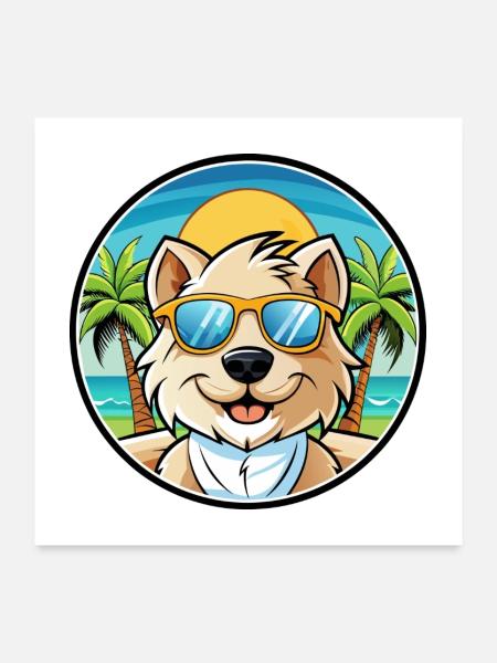 Bolognese Chien Race Dessin Animé Lunettes De Soleil Plage - Poster 60 x 60 cm - blanc - Devant