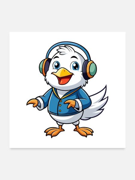 Mouette Funny Cartoon Character Musique de casque - Poster 60 x 60 cm - blanc - Devant