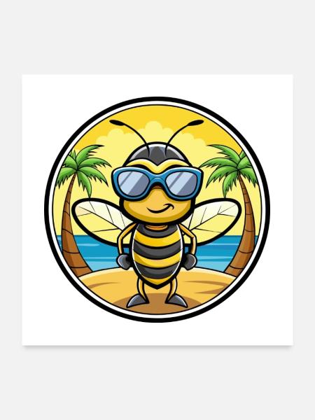 Biene Lustige Cartoon Sommer Strand Sonnenbrille Aufkleber - Poster 60x60 cm - Weiß - Vorne