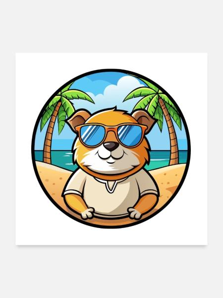 Cochon d’Inde Drôle Dessin Animé Plage Été Lunettes de soleil - Poster 60 x 60 cm - blanc - Devant
