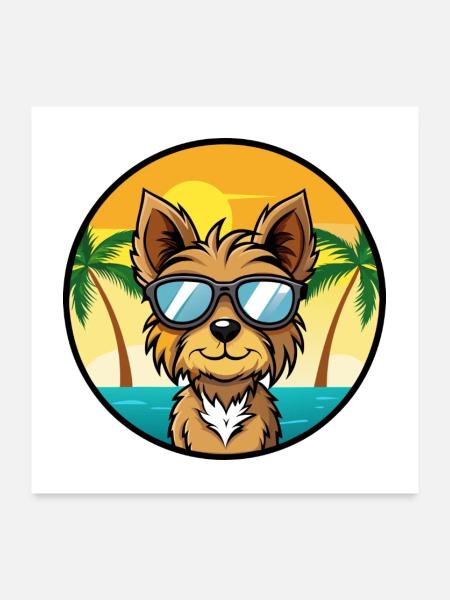 Yorkshire Terrier Hunderasse Cartoon Beach - Poster 60x60 cm - Weiß - Vorne