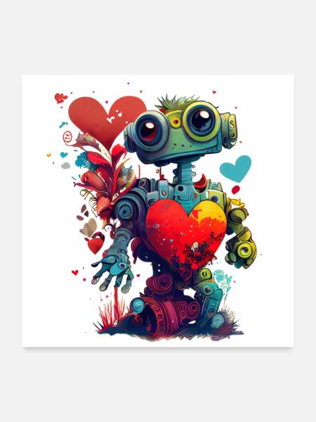 Lustiger Roboter mit Herz, Valentinstag - Poster 60x60 cm - Weiß