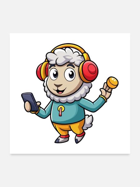 Schaf Lustige Zeichentrickfigur Kopfhörer Musik - Poster 60x60 cm - Weiß - Vorne