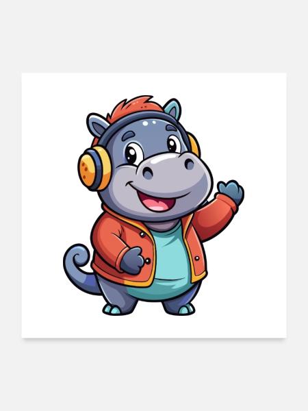 Hippo Funny Cartoon Character Musique de casque - Poster 60 x 60 cm - blanc - Devant