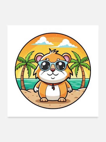 Cochon d’Inde Drôle Dessin Animé Plage Été Lunettes de soleil - Poster 60 x 60 cm - blanc - Devant