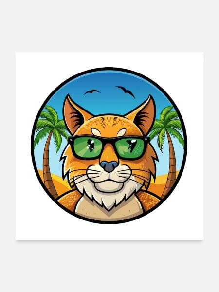 Eurasischer Luchs Katzenrasse Cartoon Sonnenbrille Strand - Poster 60x60 cm - Weiß - Vorne