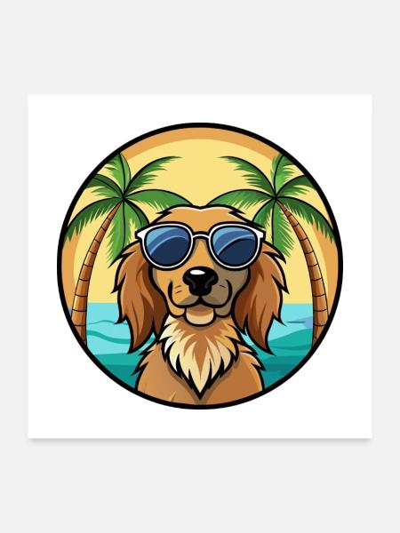 Field Spaniel Hund Rasse Cartoon Sonnenbrille Strand - Poster 60x60 cm - Weiß - Vorne