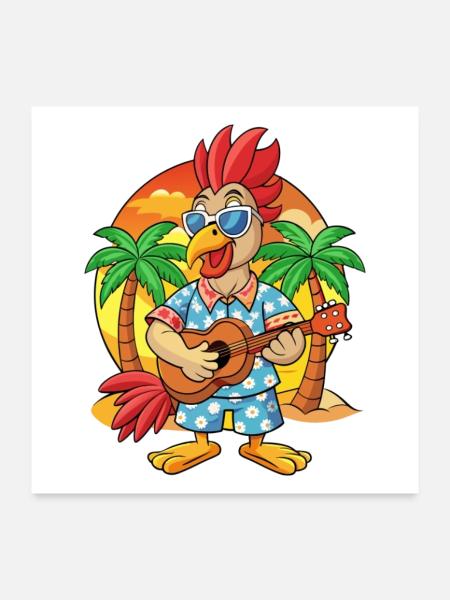 Lustige Hahn Sommer Strand Sonnenbrille Hawaiianisch - Poster 60x60 cm - Weiß - Vorne