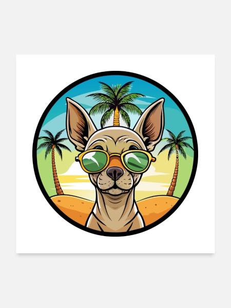 Inka Unbehaarte Hunderasse Cartoon Sonnenbrille Strand - Poster 60x60 cm - Weiß - Vorne
