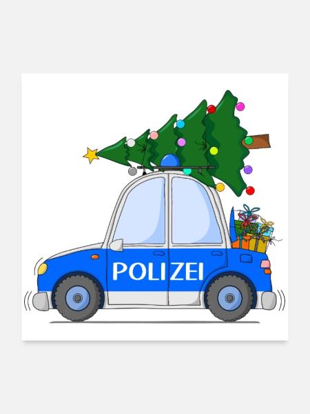 Polizeiauto Weihnachten - Poster 60x60 cm - Weiß - Vorne