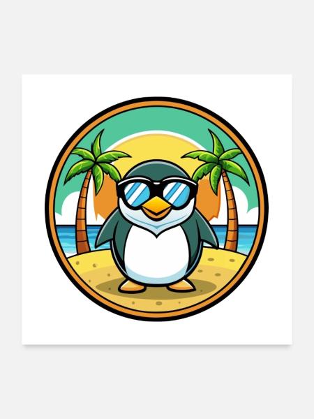 Pinguin Lustige Cartoon Sommer Strand Sonnenbrille Cool - Poster 60x60 cm - Weiß - Vorne