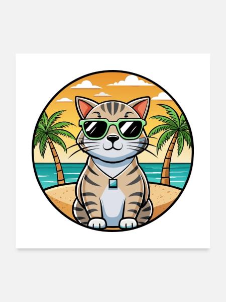 Schottische Falte Kurzhaarkatze Rasse Cartoon Strand - Poster 60x60 cm - Weiß - Vorne