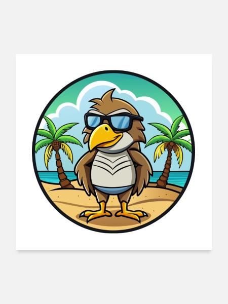 Hawk Drôle Dessin Animé Plage D’été Lunettes De Soleil Autocollant - Poster 60 x 60 cm - blanc - Devant