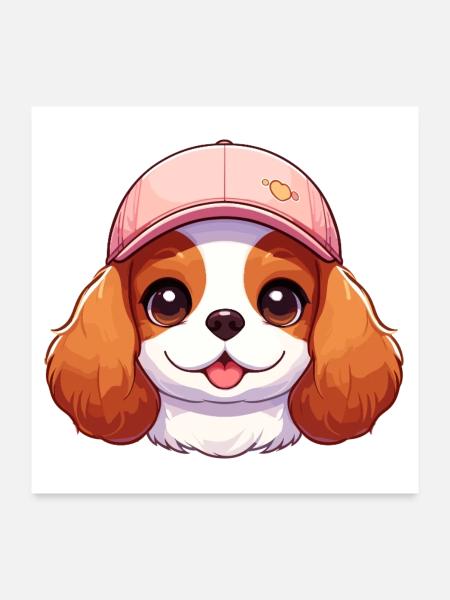 Cavalier King Charles Hund Hund - Rosa Mütze - Poster 60x60 cm - Weiß - Vorne