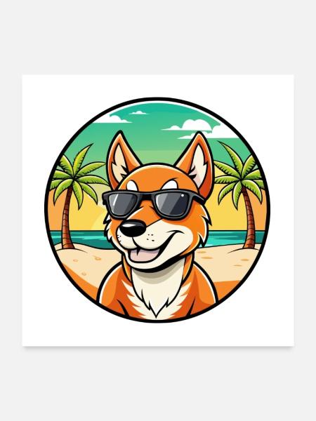 Dingo Hund Rasse Cartoon Sonnenbrille Strand - Poster 60x60 cm - Weiß - Vorne