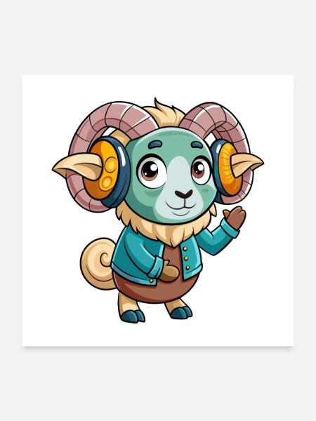 Ram Lustige Zeichentrickfigur Kopfhörer Musik - Poster 60x60 cm - Weiß - Vorne