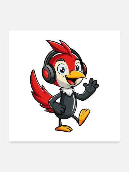 Woodpecker Funny Cartoon Character Musique de casque - Poster 60 x 60 cm - blanc - Devant