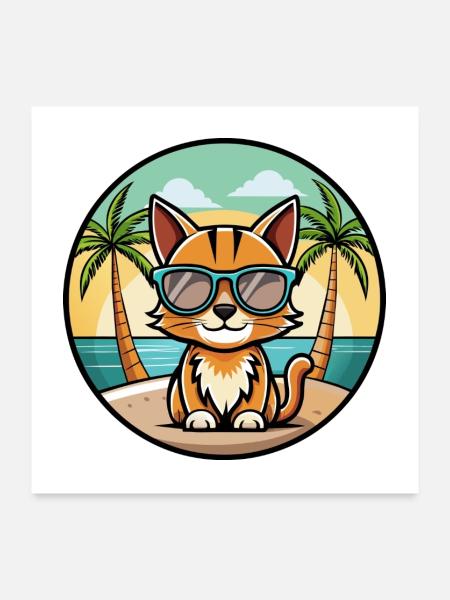 Somali Kurzhaar Katze Rasse Cartoon Sonnenbrille Strand - Poster 60x60 cm - Weiß - Vorne