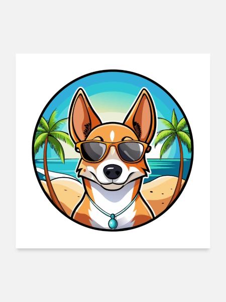 Basenji Hunderasse Cartoon Sonnenbrille Strand - Poster 60x60 cm - Weiß - Vorne