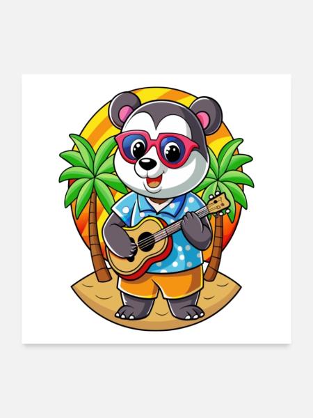 Lustige Panda Cartoon Sommer Strand Sonnenbrille Gitarre - Poster 60x60 cm - Weiß - Vorne