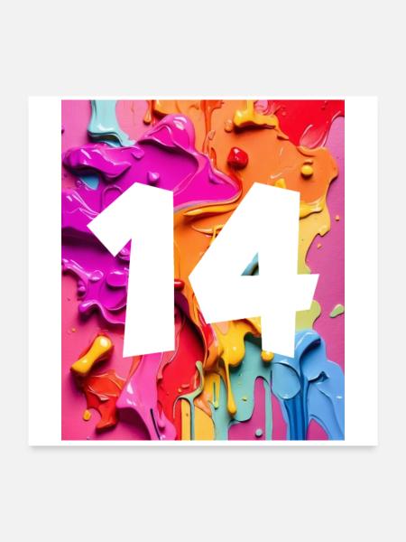 NON. 14 NUMÉRO 14 COLORÉ 14E ANNIVERSAIRE - Poster 60 x 60 cm - blanc - Devant