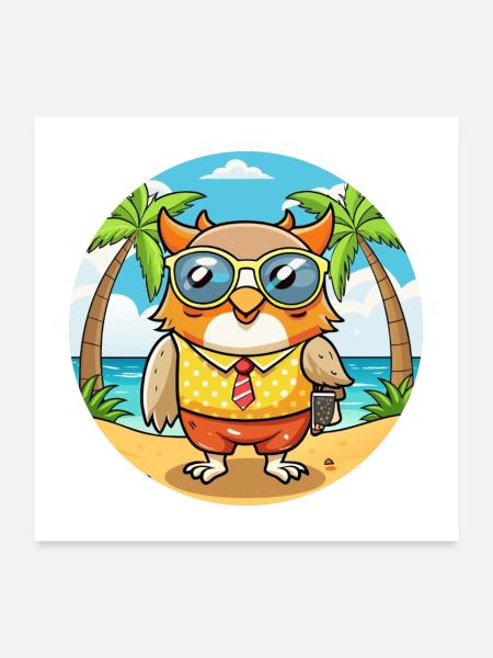 Eule Lustige Cartoon Sommer Strand Sonnenbrille - Poster 60x60 cm - Weiß - Vorne