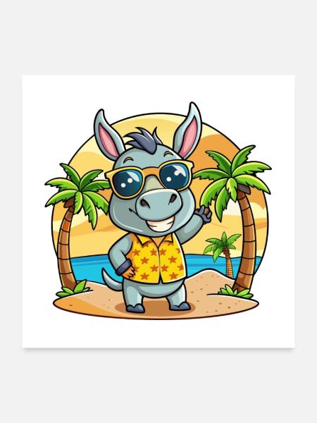 Esel Lustige Cartoon Sommer Strand Sonnenbrille - Poster 60x60 cm - Weiß - Vorne