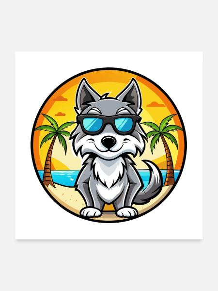 Saarloos Wolfdog Rasse Cartoon Sonnenbrille Strand - Poster 60x60 cm - Weiß - Vorne
