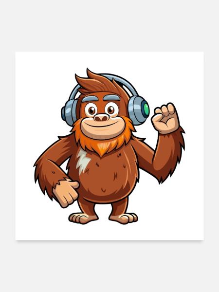 Big Foot Lustige Zeichentrickfigur Kopfhörer Musik - Poster 60x60 cm - Weiß - Vorne