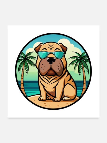 Chinesischer Shar Pei Hund Rasse Cartoon Sonnenbrille Strand - Poster 60x60 cm - Weiß - Vorne
