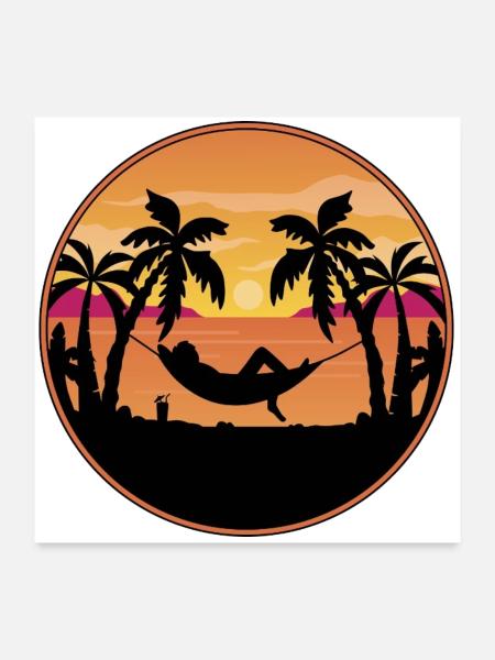 Coucher de soleil au bord de la mer - Palmiers avec hamac - Poster 60 x 60 cm - blanc - Devant