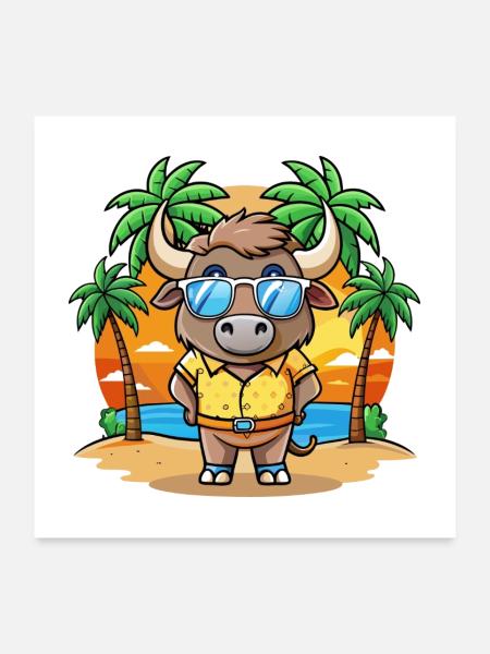 Buffalo Lustige Cartoon Sommer Strand Sonnenbrille - Poster 60x60 cm - Weiß - Vorne