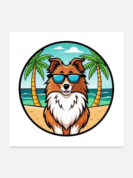 Sheltie Hunderasse Cartoon Sonnenbrille Strand - Poster 60x60 cm - Weiß - Vorne