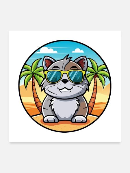 Schottische Falte Kurzhaarkatze Rasse Cartoon Strand - Poster 60x60 cm - Weiß - Vorne