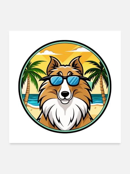 Rough Collie Chien Race Dessin Animé Lunettes De Soleil Plage - Poster 60 x 60 cm - blanc - Devant