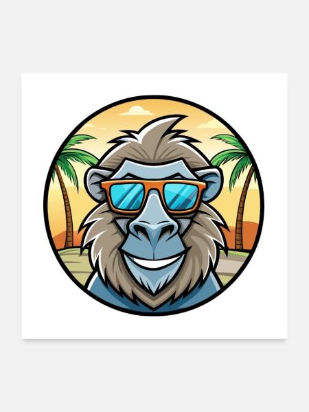 Pavian Lustige Cartoon Sommer Strand Sonnenbrille Cool - Poster 60x60 cm - Weiß - Vorne