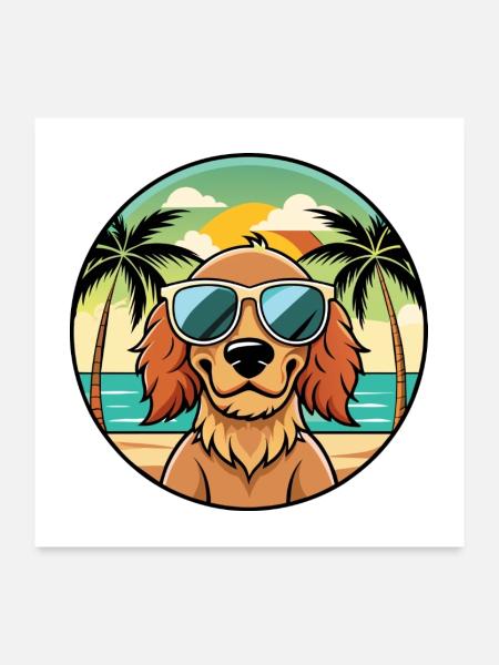 Field Spaniel Hund Rasse Cartoon Sonnenbrille Strand - Poster 60x60 cm - Weiß - Vorne