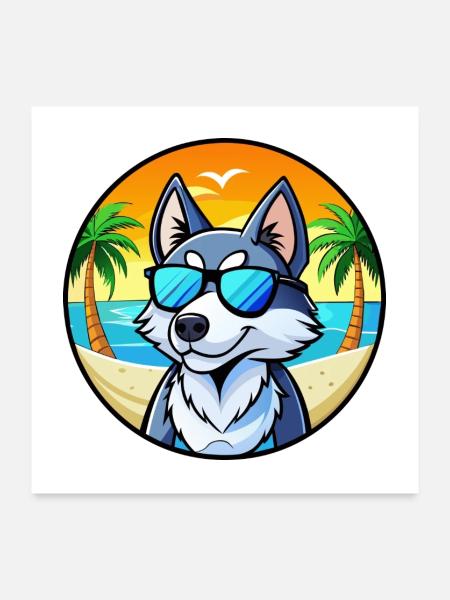 Husky Hunderasse Cartoon Sonnenbrille Strand - Poster 60x60 cm - Weiß - Vorne