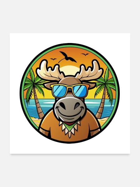 Elch Lustige Cartoon Sommer Strand Sonnenbrille Cool - Poster 60x60 cm - Weiß - Vorne